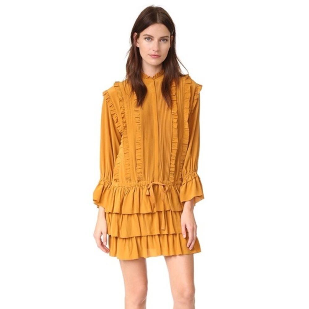 Ulla Johnson Mustard Silk Ruffle Marlie Mini Shirt Dress Size 6